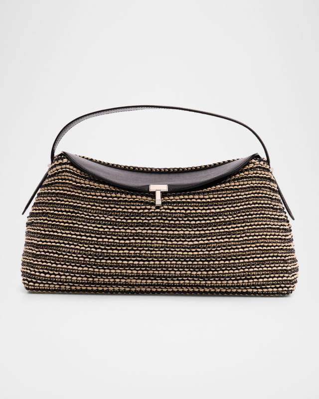 T Lock Woven Leather Top-Handle Bag